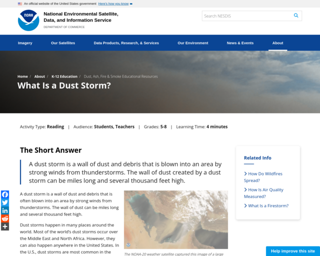 Screenshot of the What is a dust storm? website