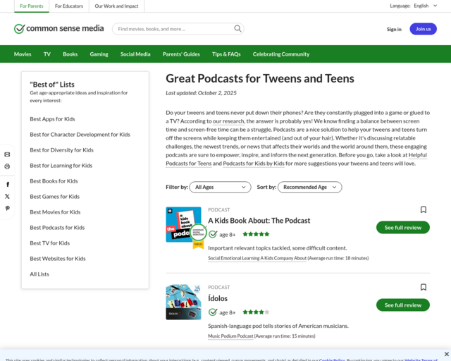 Screenshot of the Podcasts for Tweens website