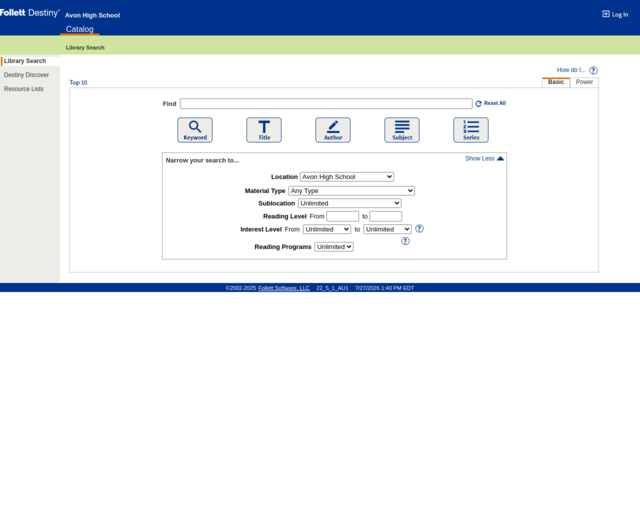Screenshot of the Library Catalog website