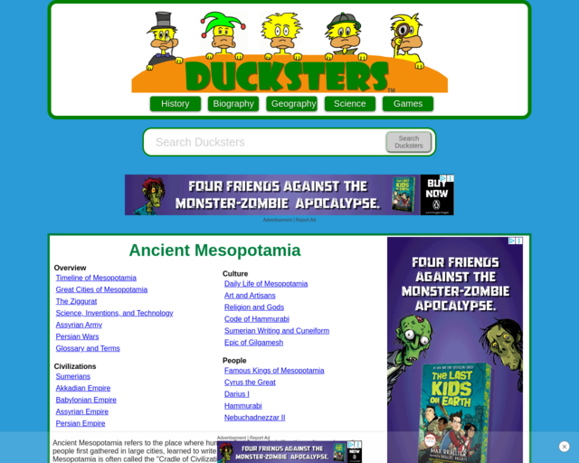 Screenshot of the Ducksters Mesopotamia website