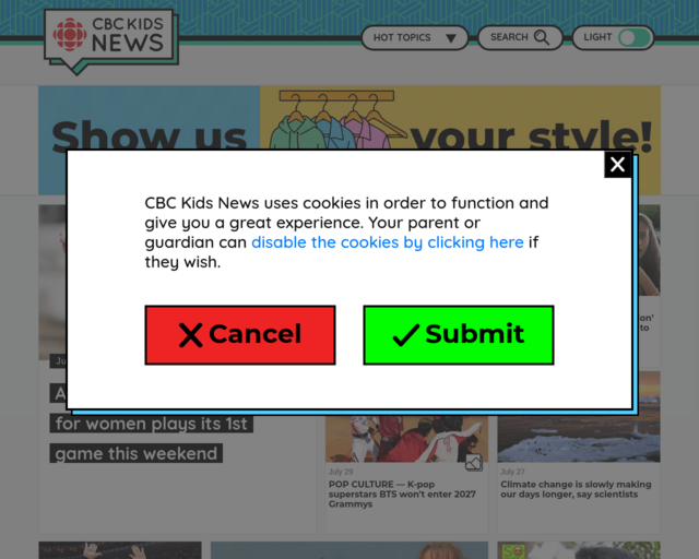 Screenshot of the CBC Kids News website