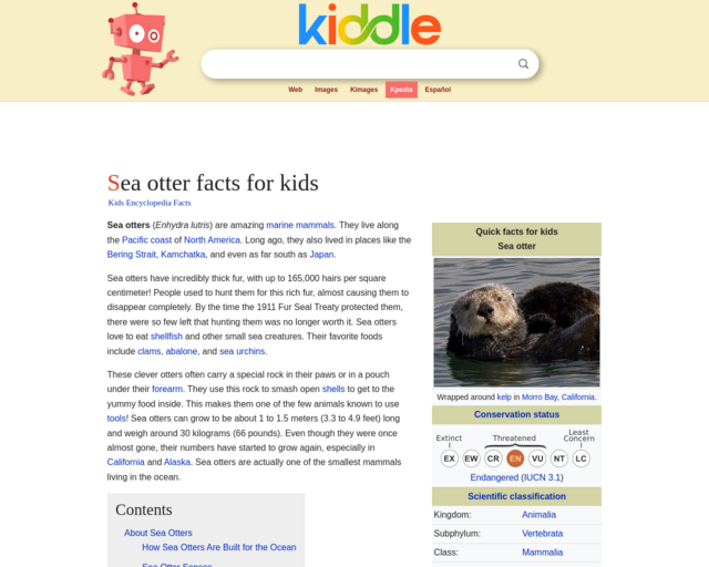 Screenshot of the Kiddle Sea Otter website