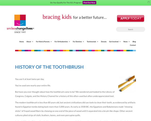 Screenshot of the History of the Toothbrush - Smiles Change Lives website