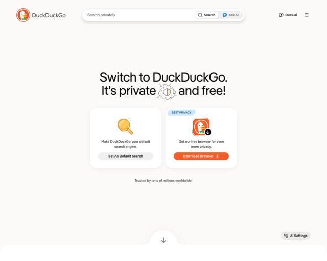 Screenshot of the Duck Duck Go (no tracking) website