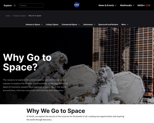 Screenshot of the NASA: Why Go to Space? website