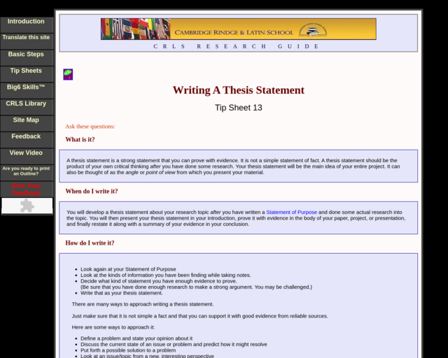 Screenshot of the CRLS Research Guide: Writing a Thesis Statement website