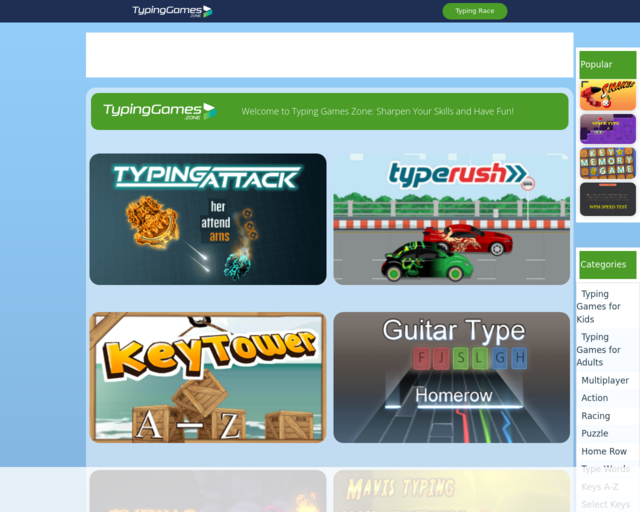 Screenshot of the Typing Games Zone website
