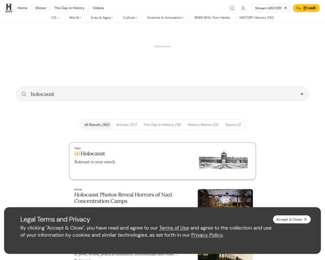 Screenshot of the History.com website