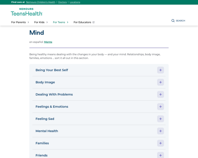 Screenshot of the Teen Health website