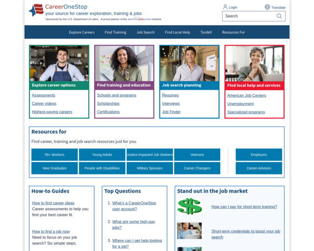 Screenshot of the Career One Stop website