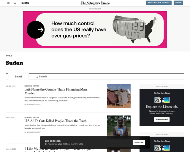 Screenshot of the Current Events in Sudan - NY Times website