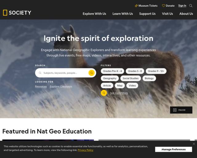 Screenshot of the National Geographic Education website