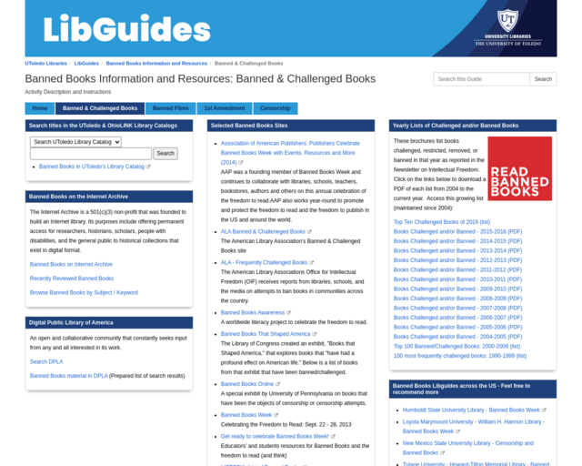 Screenshot of the University of Toledo: Banned and Challenged Books website