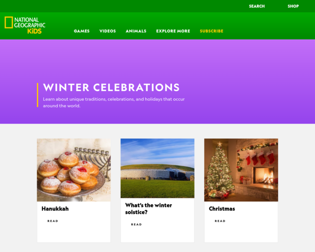Screenshot of the National Geographic Winter Celebrations website