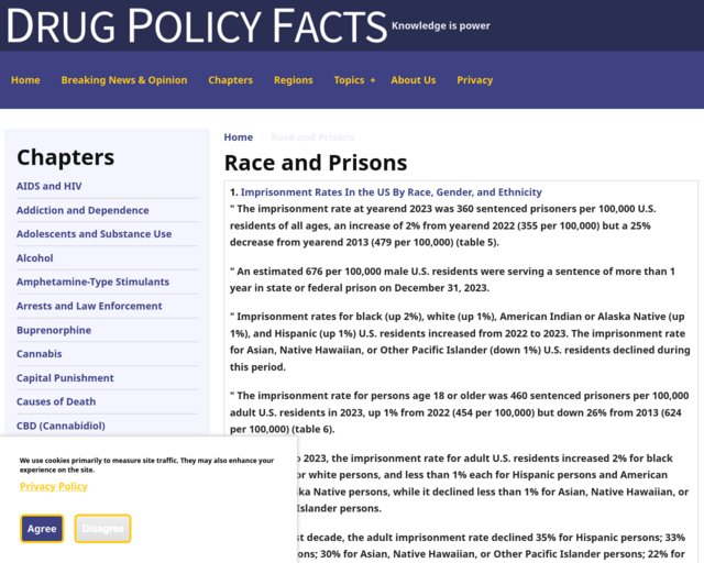 Screenshot of the DrugWarFacts.com Article on Race and Drugs website