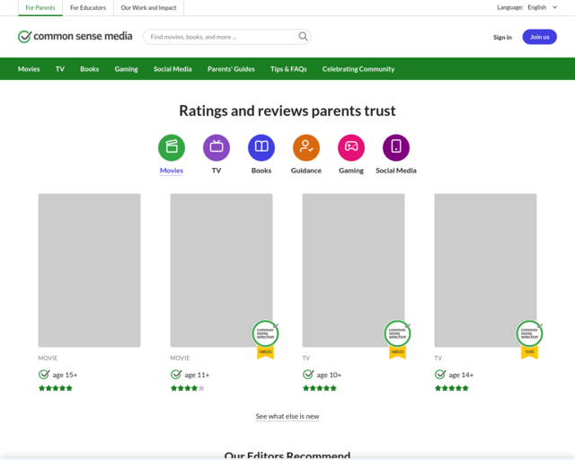 Screenshot of the Common Sense Media website