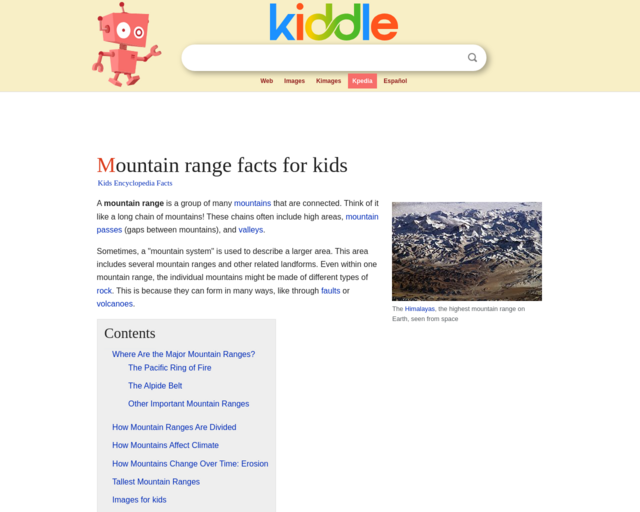 Screenshot of the Kiddle: Mountain Ranges website