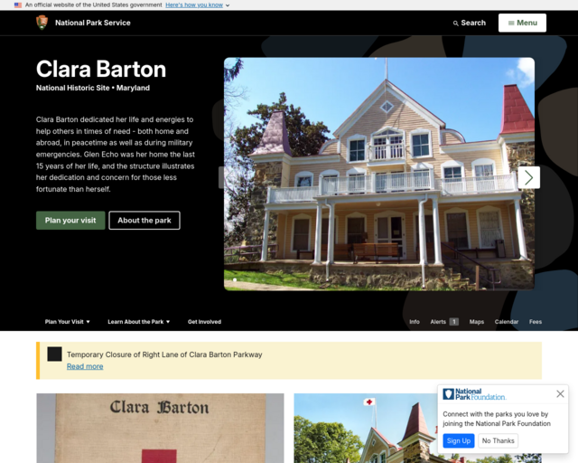 Screenshot of the Clara Barton National Historic Site website