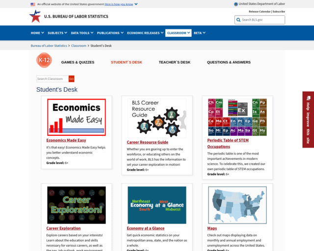 Screenshot of the US Bureau of Labor Statistics website