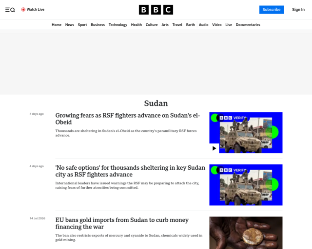 Screenshot of the Current Events in Sudan - BBC website