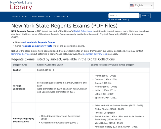 Screenshot of the New York State Regents Exams: New York State Library website