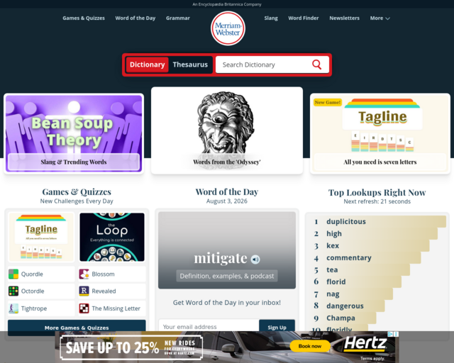 Screenshot of the Merriam Webster website