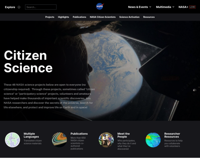 Screenshot of the NASA: Citizen Science website
