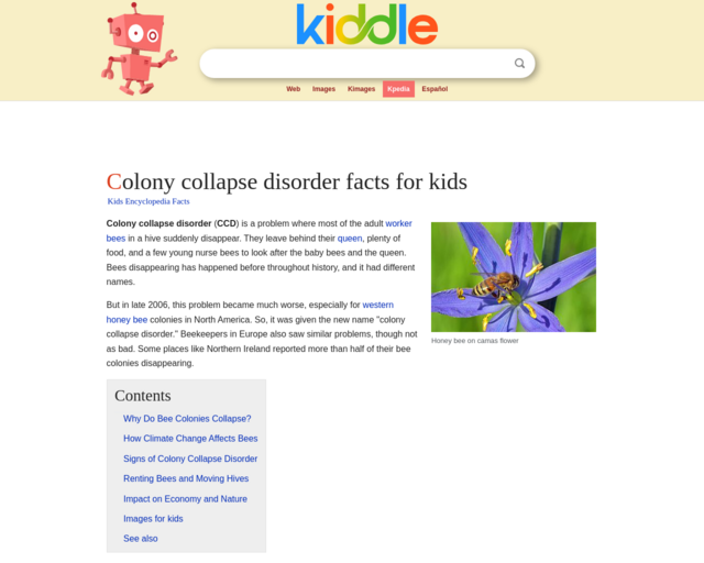 Screenshot of the Colony collapse disorder facts for kids website