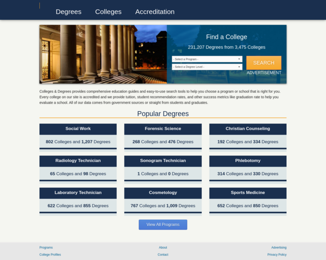 Screenshot of the Colleges and Degrees website