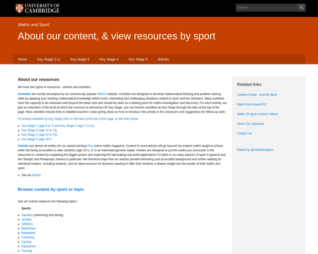Screenshot of the Math and Sports - Cambridge University website
