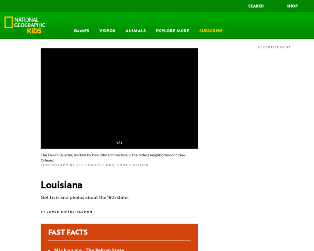 Screenshot of the Louisiana - National Geographic website