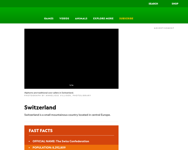 Screenshot of the Switzerland - National Geographic website
