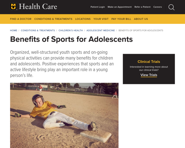 Screenshot of the Benefits of Sports for Adolescents website