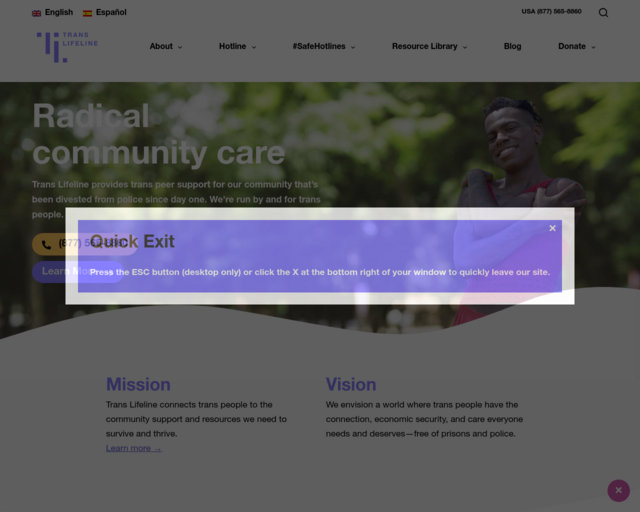 Screenshot of the Trans Lifeline website