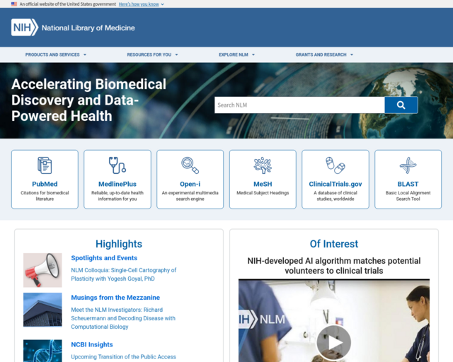 Screenshot of the NLM: National Library of Medicine website
