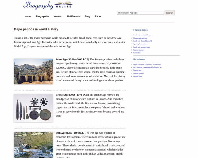 Screenshot of the Major Time Periods in World History website