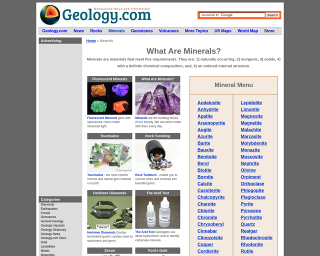 Screenshot of the Geology-Mineral Properties, Uses and Descriptions website