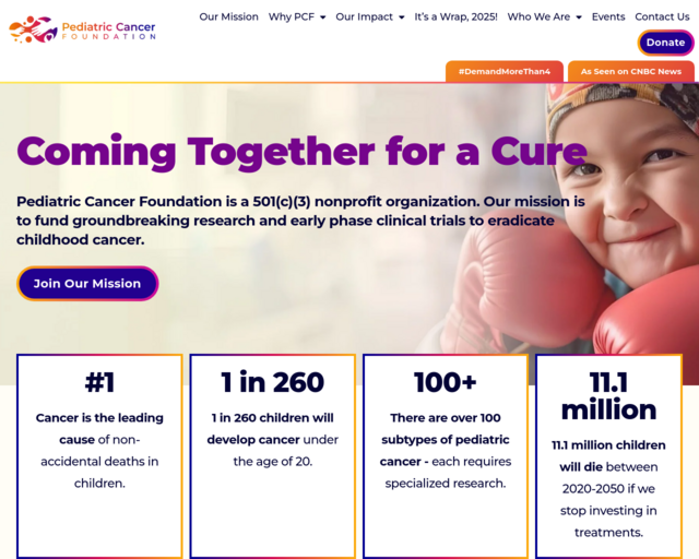 Screenshot of the Pediatric Cancer Foundation website