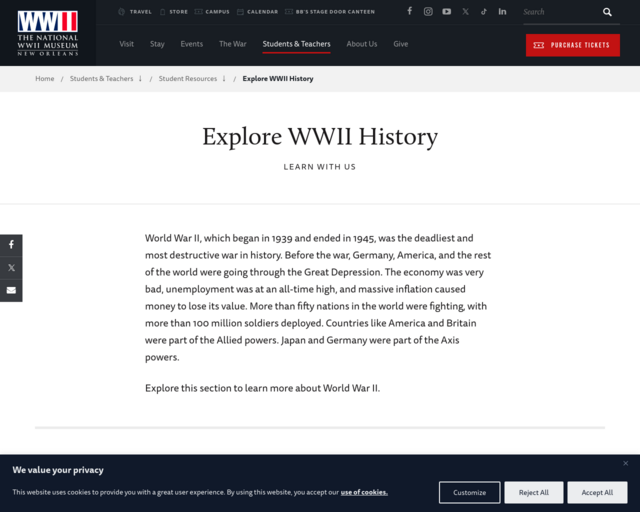 Screenshot of the The National World War II Museum website