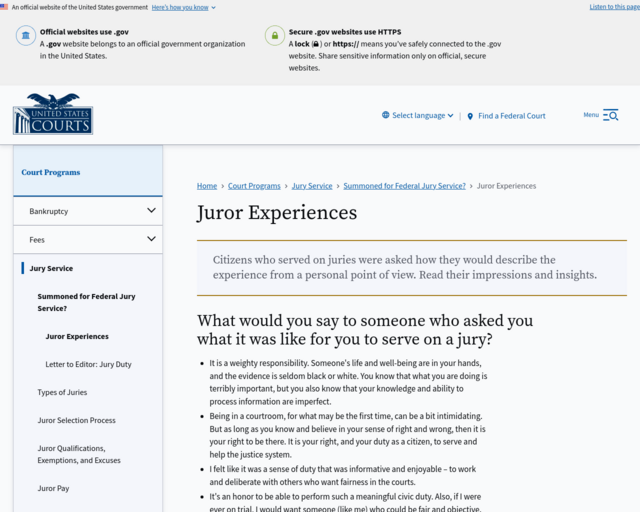 Screenshot of the USCourts.gov - Juror Experiences in the US website