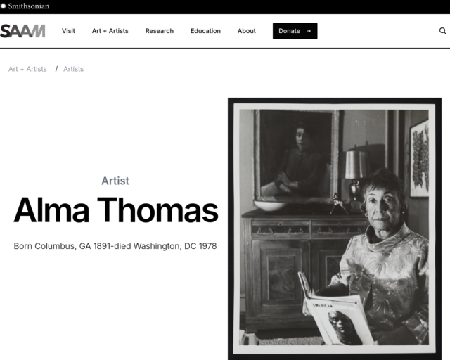 Screenshot of the Alma Thomas at the Smithsonian American Art Museum website