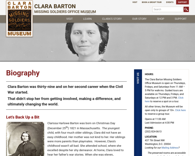 Screenshot of the Clara Barton Museum website