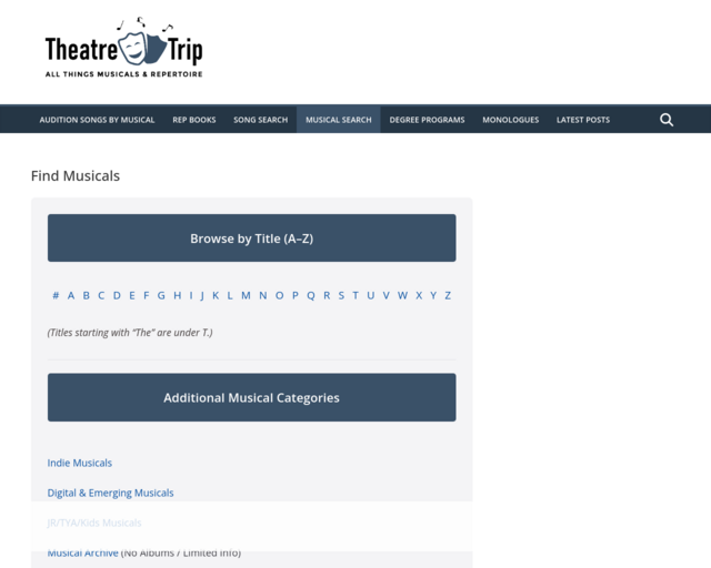 Screenshot of the Theatre Trip Database website