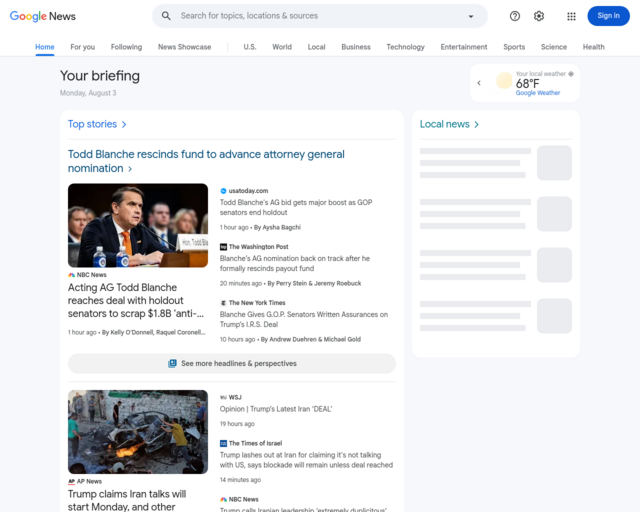 Screenshot of the Google News website