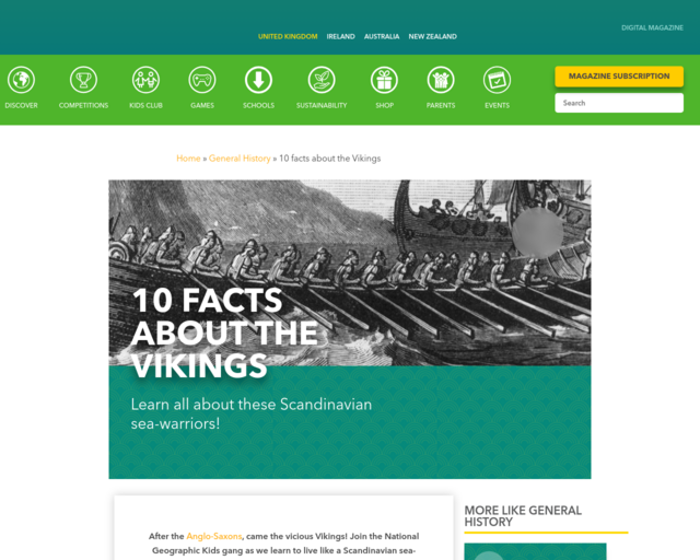 Screenshot of the 10 Facts about the Vikings website
