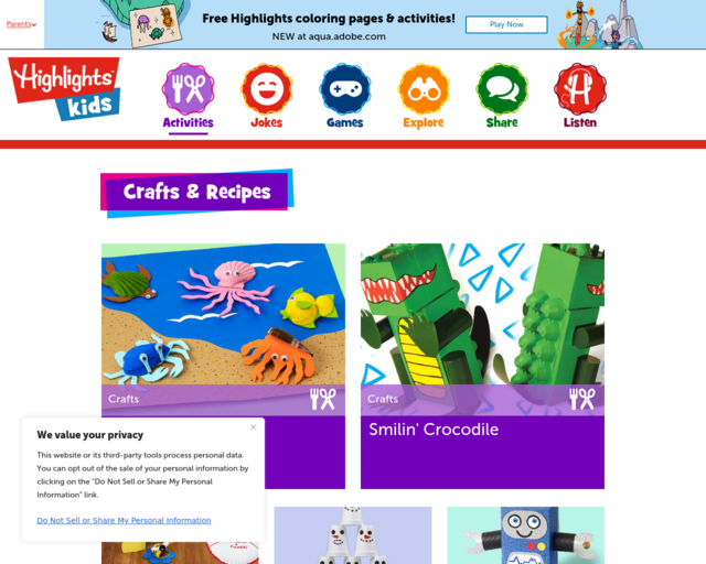 Screenshot of the Highlights for Kids - Crafts and Recipes website