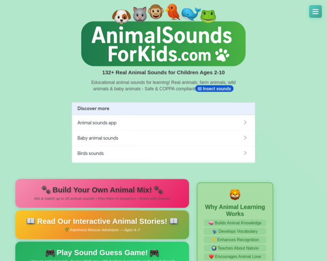 Screenshot of the Animal Sounds for Kids website