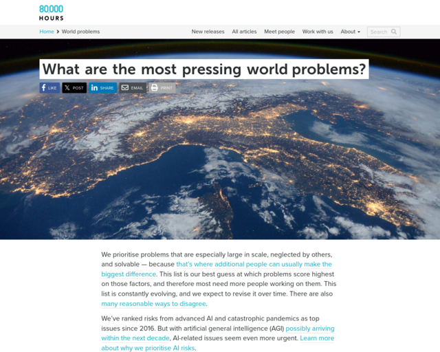 Screenshot of the 80,000 Hours (Our current list of especially pressing world problems) website