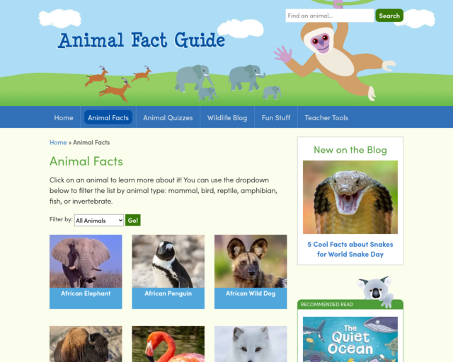 Screenshot of the Animal Fact Guide website