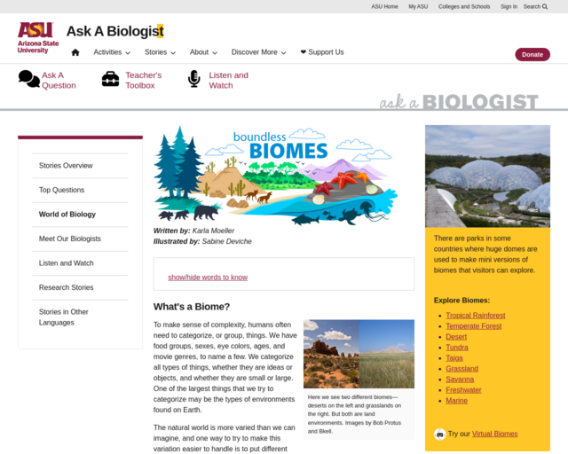 Screenshot of the Biomes of the World: Ask a Biologist website